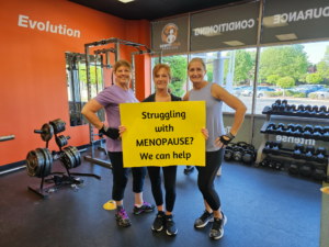Three women in Elite Fitness Alliance gym raising awareness on Menopause, New Jersey
