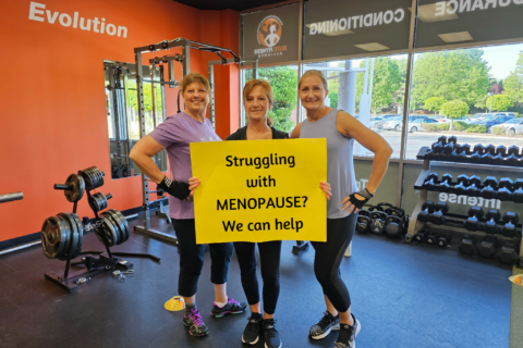 Three women in Elite Fitness Alliance gym raising awareness on Menopause, New Jersey